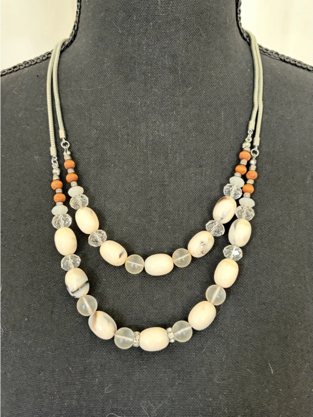 LOFT Boho Mixed Media Necklace | Wood, Clear & Cream Stone Beads - Picture 3 of 6